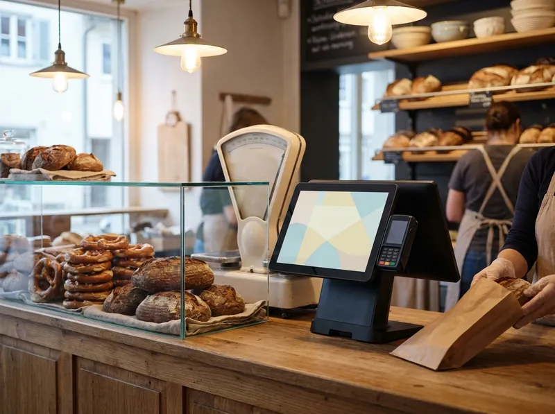 Bäckerei-Theke mit Kasse und Kartenleser